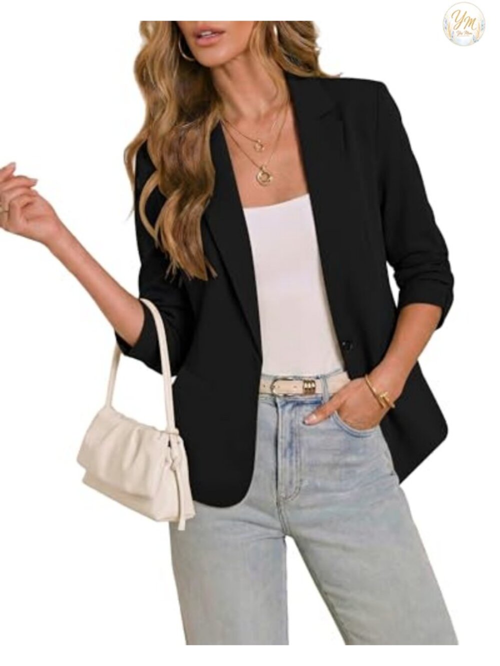 3/4 Sleeve Blazer Women Business Casual Fitted Jacket Button Up